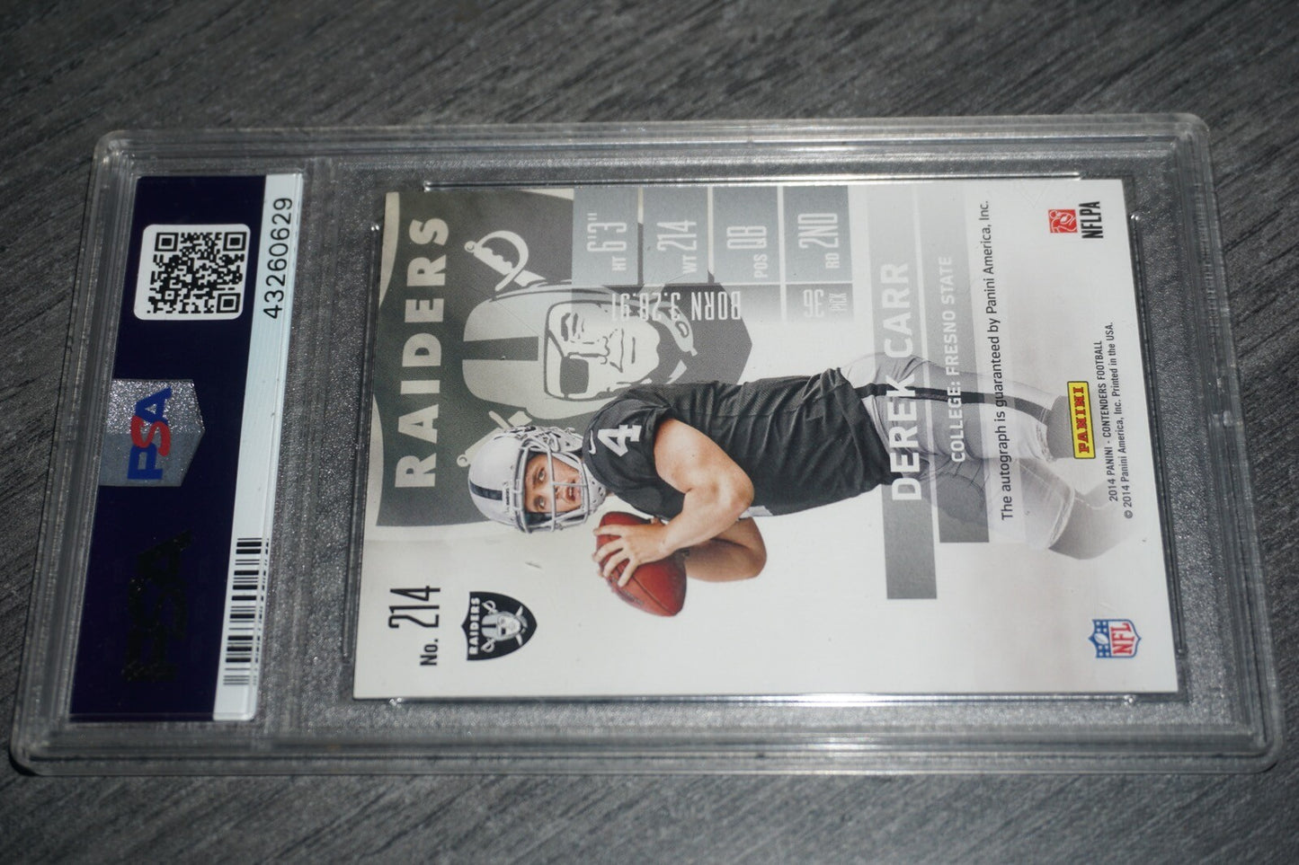 2014 Panini Contenders Derek Carr Playoff Ticket 214A PSA Autograph 10 /99