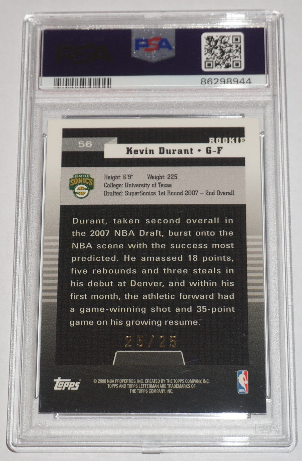 Kevin Durant 2007 Topps Letterman Xfractor #56 25/25 PSA 8
