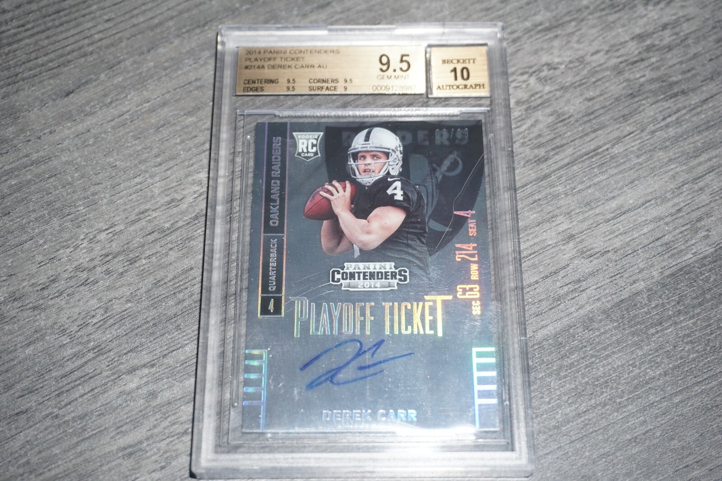 2014 Panini Contenders Derek Carr Playoff Ticket 214A BGS 9.5 10 Autograph