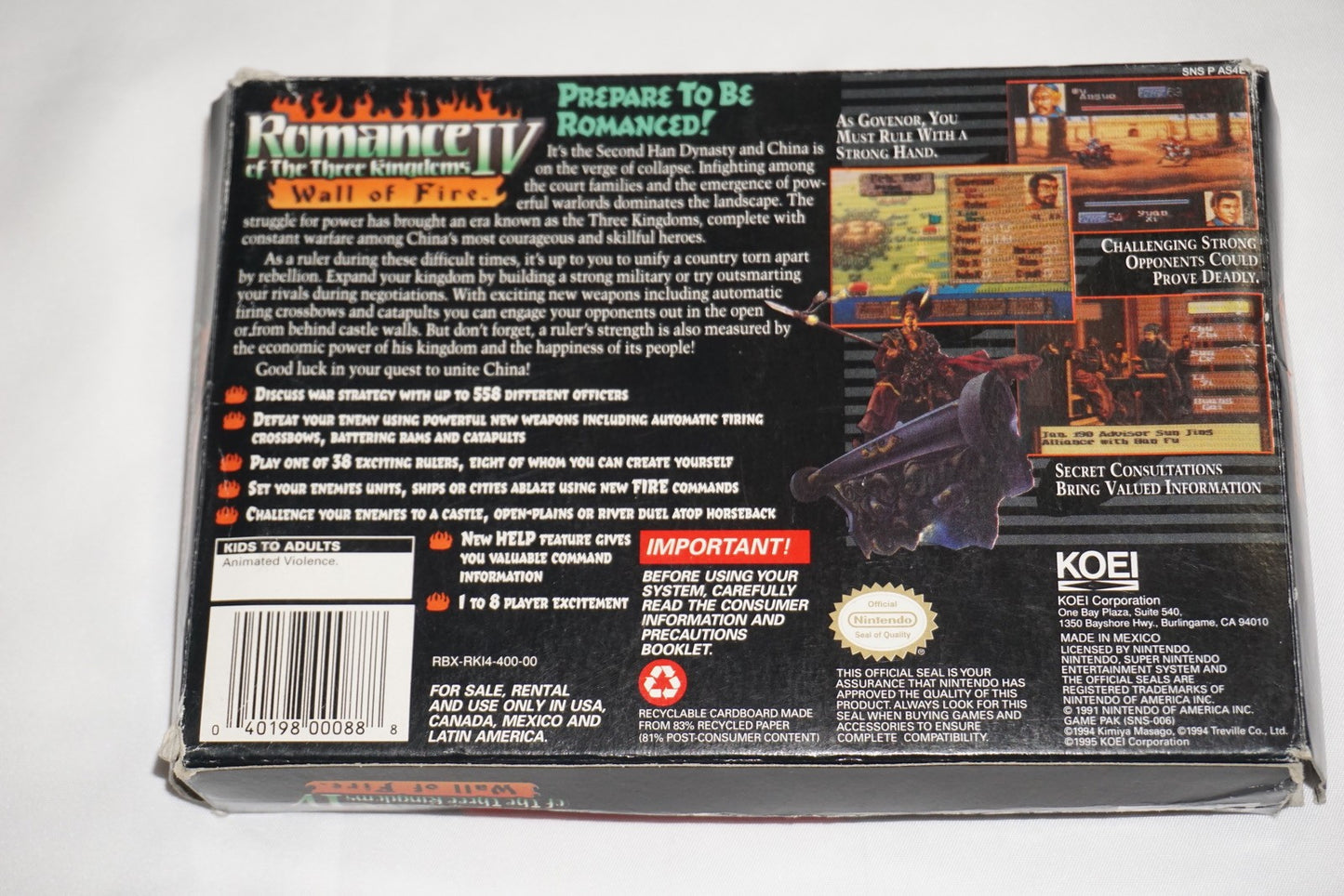 Romance of the Three Kingdoms IV 4 (Super Nintendo SNES) Complete in Box CIB