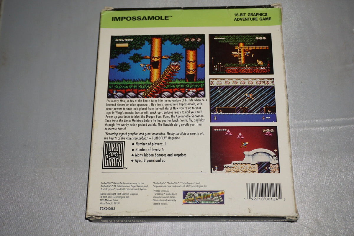 Impossamole (Turbo Grafx 16 tg16) Complete in Box CIB
