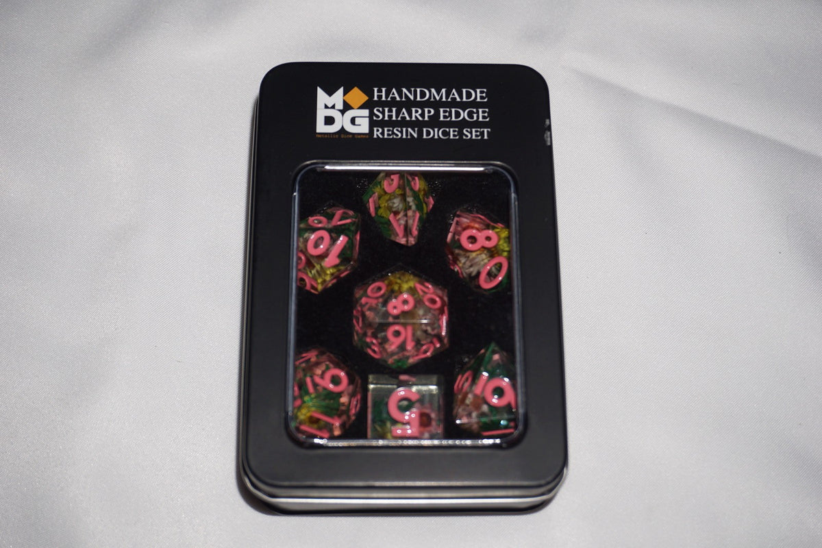 Mdg Sharp Edge Resin Chrysanthemum Pink Numbers Dice Set D&D NEW Sealed