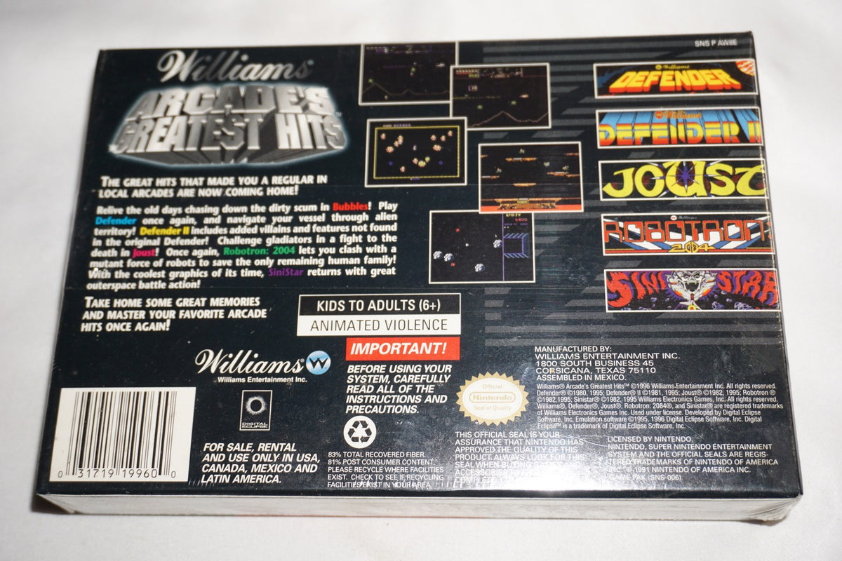 Williams Arcade's Greatest Hits (Super Nintendo SNES) NEW Sealed