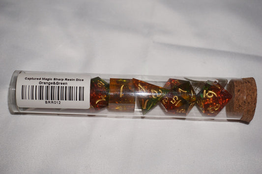 Captured Magic Sharp Resin Orange & Green Hymgho Dice Set NEW
