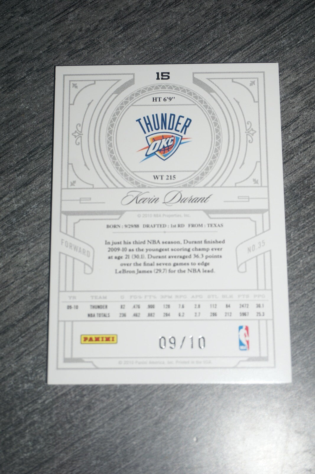 Kevin Durant 2009-2010 Panini National Treasures Century 15 09/10 Gold