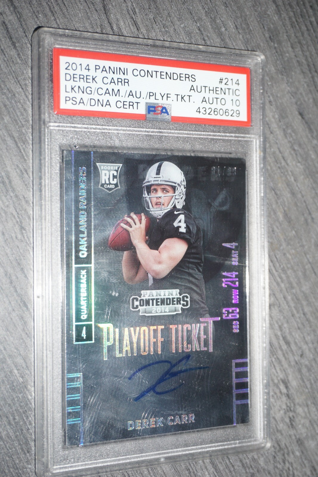 2014 Panini Contenders Derek Carr Playoff Ticket 214A PSA Autograph 10 /99