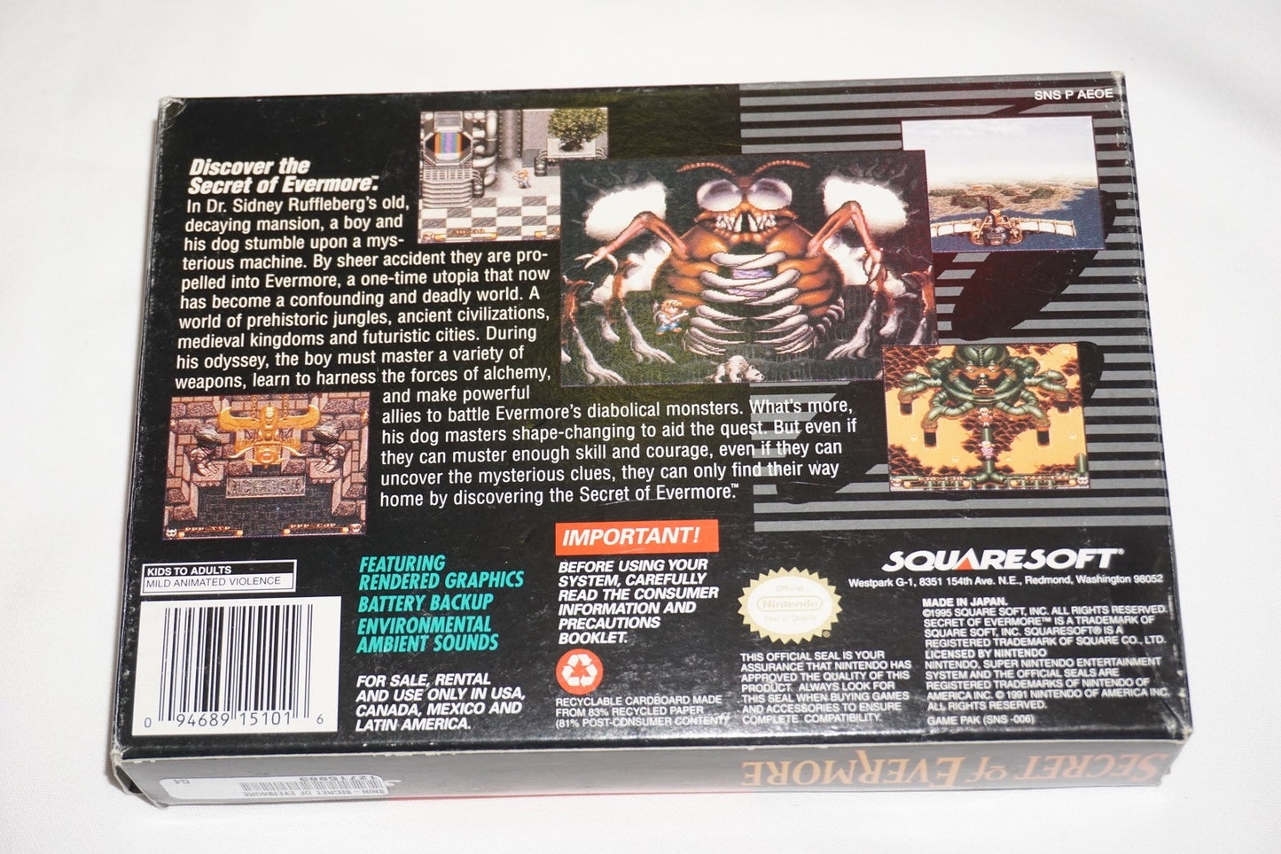 Secret of Evermore (Super Nintendo SNES) Complete in Box w/ Reg & Chart CIB