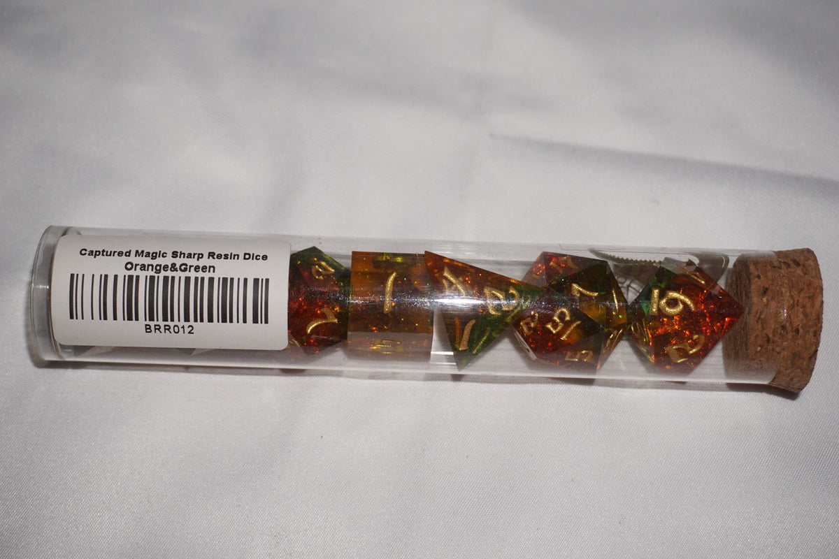 Captured Magic Sharp Resin Orange & Green Hymgho Dice Set NEW