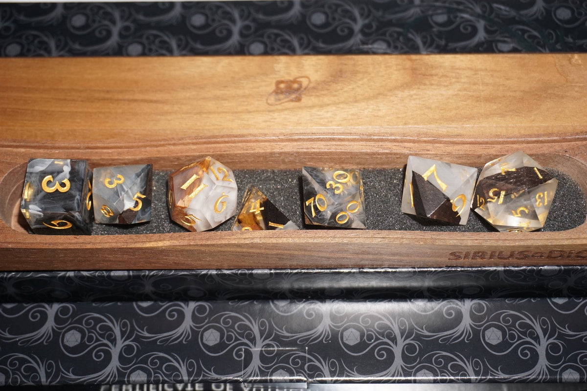 Sirius Dice Arctic Grove Pearlescent White Resin w/ Black Walnut Wood Dice NEW
