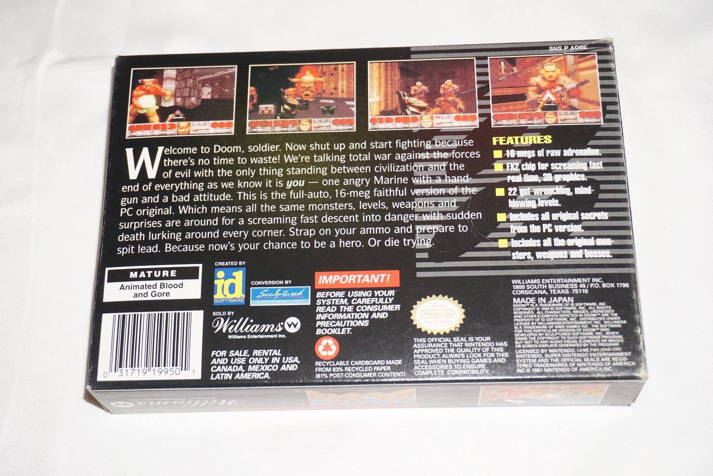 Doom (Super Nintendo SNES) Complete in Box w/ Reg CIB
