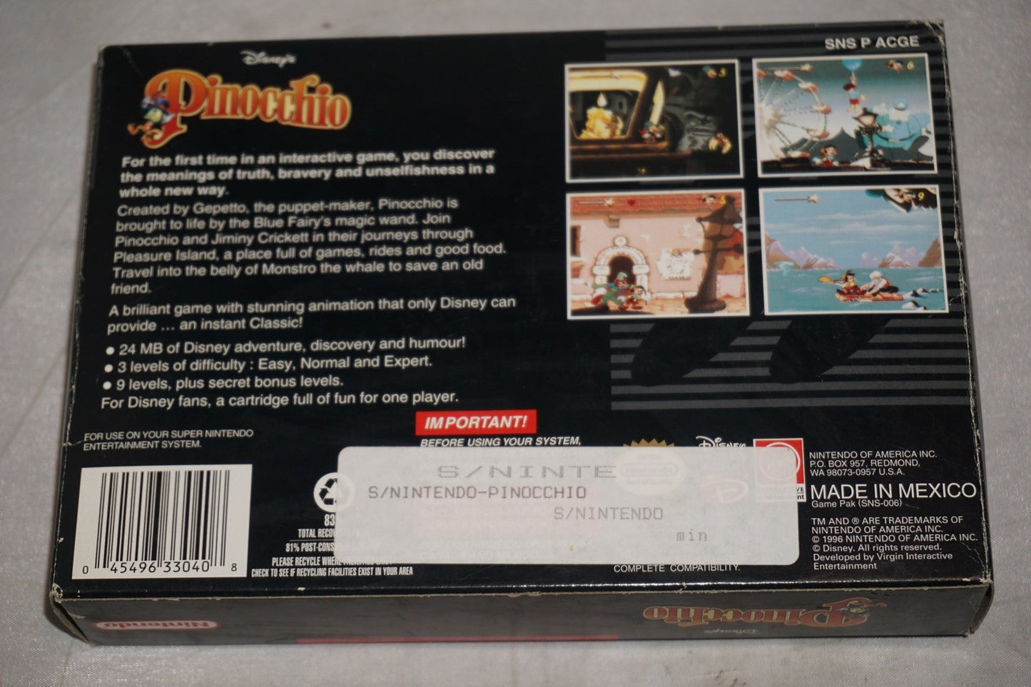 Pinocchio (Super Nintendo SNES) Complete in Box CIB