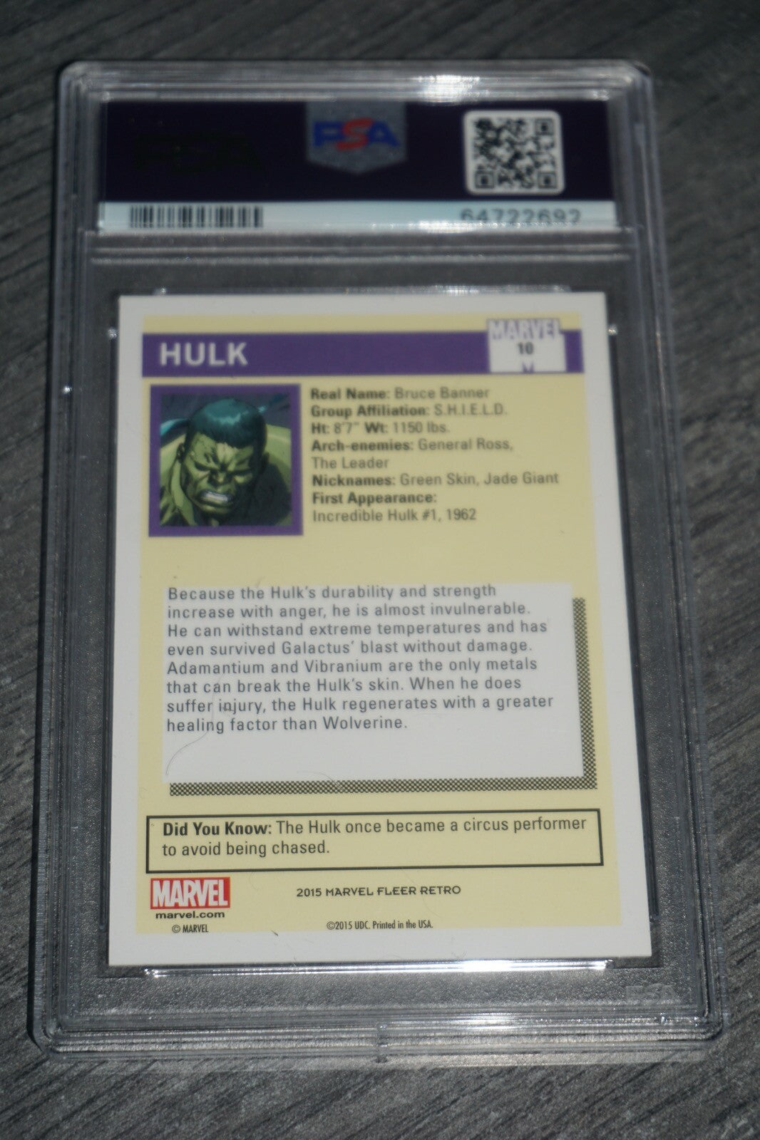 Hulk #10 2015 Fleer Retro Marvel 90 Impel Universe Mint Psa 9
